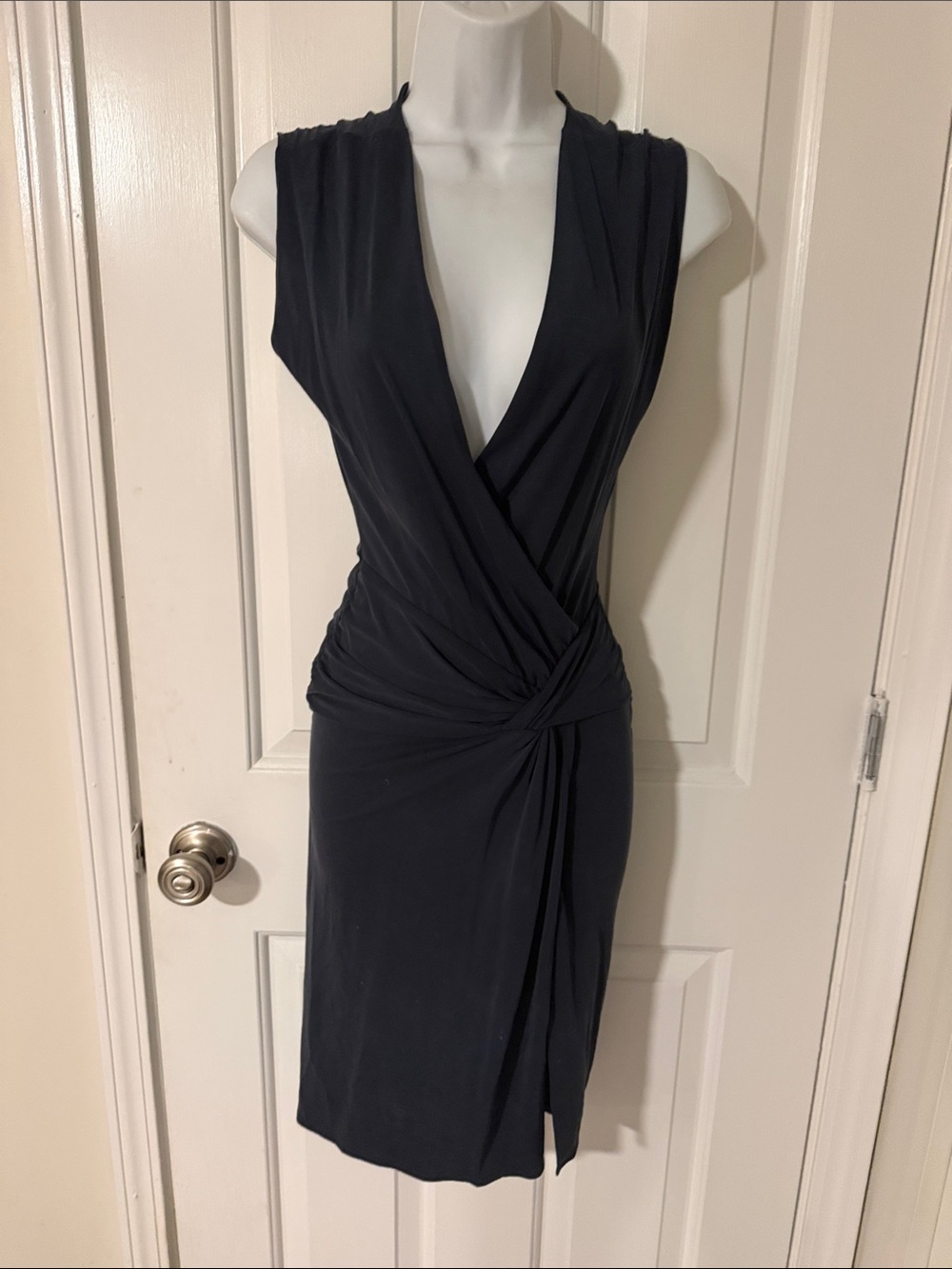 Sleeveless navy blue Draped Knot Front Dress